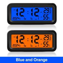 Solar Car Digital Clock Date Week Temperature Humidity LCD Backlit Display for Dashboard Car Clock Automobiles Internal Stick-On Blue-orange backlight