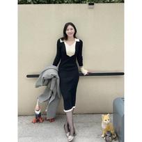 Retro contrasting color V-neck thin knitted dress, high-end sense light luxury dignified atmosphere autumn and winter bottom dress S juoda