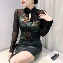 Women's Cheongsam Style Sheer Floral Print Blouse Mandarin Collar Long-Sleeve Slim Top S žalia
