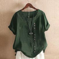 Artistic Hong Kong Style Cotton Linen Short Sleeve Pullover with Button Detail and Round Neck - New Summer Arrival XL tamsiai žalia spalva