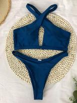 Swimwear Push Up Swimsuit Woman 2024 Sexy Halter Neck Tie-Up Cross Bandage Bikinis Set Backless Monokini Bathing Suits Biquini S mėlyna