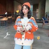 V-neck color lazy style Korean thick loose cardigan, autumn and winter new ladies gentle and cute sweater jacket 6010 One size oranžinė