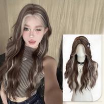 Grey gold highlights big wave long curly hair synthetic wig-Lolita long straight hair breathable chemical fiber headgear gray