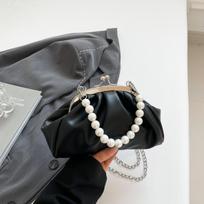 Pearl Handle Ruched Cloud Clutch Bag Women Vintage Kiss Lock Shoulder Crossbody Bag Elegant Handbag for Party Banquet Wedding