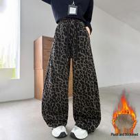 Girls' Fleece-Lined Leopard Print Cargo Pants - Fashionable Wide-Leg Street Dance Winter Wear 160 cm