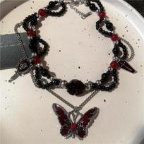 Gothic Red Cross Thorn Heart Butterfly Pendant Choker Black Bead Necklace Personalized Halloween Charms Grunge EMO Jewelry