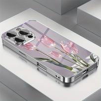 Rožinės spalvos stiklinis tulpės rašto grūdintas stiklas padengtas sidabru telefono dėklas, skirtas Samsung Galaxy S25 S24 S23 Ultra Plus FE Galaxy S24 gray