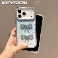 KEYSION Cute 3D Cat Ear Transparent Phone Case for iPhone 14 15 Pro Max 14 15 Plus Glitter Jewelled Bowknot Shockproof Back Cover for iPhone 15 mėlyna