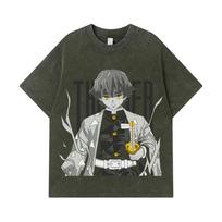 275 GSM Washed T-shirts 100% Cotton Demon Slayer V67 Zenitsu Print Unisex Heavy Cotton T Shirt S armijos žalia spalva