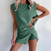 Women's Summer Loose Beach Vacation Leisure Round Neck Vest Elegant Shirt Sleeveless  Shorts L