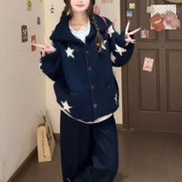 Korean Star Sweater Cardigan Knit Autumn Winter Lazy Style Loose New Lapel Coat Fashion Niche Women S tamsiai mėlyna spalva