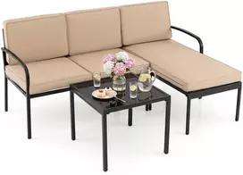 Promotion 3 dalių balkono baldų komplektas su 2 vietų sofa, L formos sofa ir kavos staliuku, pilkas