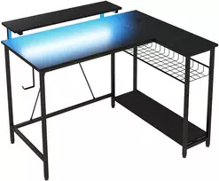 Aosom L formos rašomasis stalas su LED, rozetės, USB, juodas, 107 x 80 x 90 cm