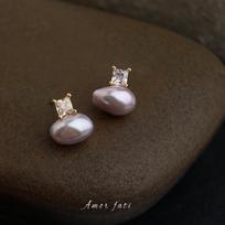High-End 18k Gold Plated Pinkish Purple Baroque Pearl Earrings with Luxury Zircon Studs