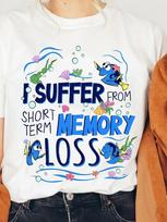 European size Women's White Short Sleeve T-Shirt- Fun Dory Fish Decorative Text, Anime Theme Pattern Print, Pure Round Neck Regular Fit S balta