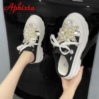 Fashion Aphixta Luxury Pearl Dimonds Flowers Rhinestone Platform Slippers Women Crystals Slides Women Shoes Wedge String Bead Slides 35