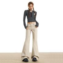 Women's Low-Waist Flare Jeans - Floor-Length American Design with Slimming Fit and Pockets XS