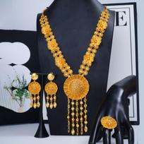 Retro Dubai Jewelry Set: Hollow Flower Long Tassel Necklace, Earrings, and Ring