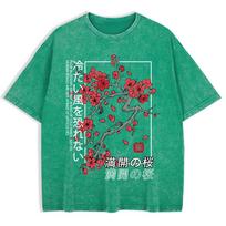 Japan Tokyo Cherry Blossom Printed Washed T-Shirts Mens Cotton Short Sleeve Tops Summer O-Neck Oversize T Shirt Clothes S