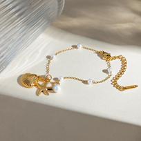 Bohemia Temperament Gold Color Starfish Shell Pendant Pearl Imitation Stainless Steel Bracelets for Women Summer Beach Zircon