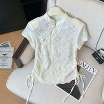 Women's Chinese-Style Top with Frog Buttons: 2026 Summer New Arrival, High-End Lace Embroidery, Stand Collar, Short Sleeve, Hollow Design Shirt Medium balta