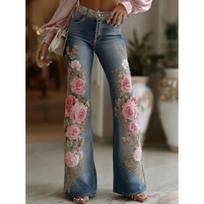 Women's Mid Waist Floral Embroidered Flare Leg Denim Jeans Casual Long Pants S