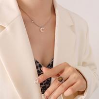 Korean Crescent Moon Zircon Necklace: Elegant Mother-of-Pearl Pendant for Women