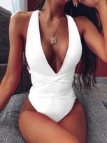 Sexy Solid One Piece Swimsuit Women Push Up Lace Up Bandage Bodysuit Brazilian Deep V Neck Backless Bathing Suit Swimwear S balta