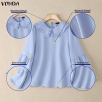 VONDA Women Casual Turn Down Collar Flare Sleeve Casual Loose Blouse S mėlyna