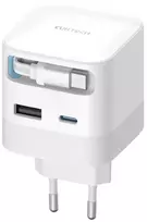 Cuktech AD653W 67W GaN 2x USB-C + USB-A sieninis įkroviklis su 70 cm ištraukiamu USB-C laidu – baltas