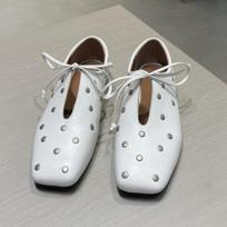 Fashion Ins style Rivet Soft Leather Women Ballet Flats Fashion Square toe Hollow out Lace-up Walking Loafers Casual Lazy Dance Shoes 35 balta
