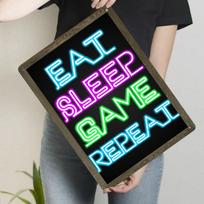 Neon Style Eat Sleep Game Repeat Pattern Custom Metal Tin Sign Modern Home Decor Living Room Bedroom Game Room Wall Art 20x30cm（7.8x11.8inch）