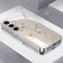 Prabangus gėlių rašto grūdinto stiklo telefono dėklas, skirtas iPhone 17 16 15 14 13 12 11 Pro Max 16 Plus 17Air, galvanizuotas sidabrinis dangtelis iPhone 15 beige