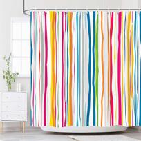 Abstract Wavy Stripe Shower Curtain – Vibrant Multicolor Vertical Lines On White, Waterproof Polyester, 12 Rustproof Hooks W60H190(CM)-1 Pcs