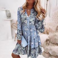 Women Vintage Floral Dress Spring Fashion Flare Sleeve Loose V-Neck Ruffle Mini Dresses Lady Elegant Party Beach Dress XXXL mėlyna