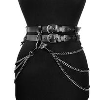 Punk Style Black Leather Belt With Chain For Women - Fashion Waist Belt With Double Buckle And Metal Chain For Party Outfit 97.5cm gray