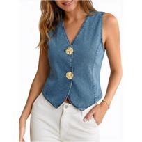 Women Button Front Denim Vest Sleeveless V Neck Cropped Jean Waistcoat Casual Fitted Top for Everyday Wear L