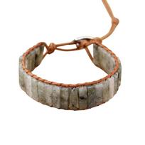 Handwoven Genuine Leather Bracelet with Multicolor Rectangular Stone Beads Adjustable Closure Unisex Design Durable Craftsmanship One Size
