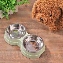 Dog Double Bowl Puppy Food Feeder Stainless Steel Drinking Dish One Size žalsvai mėlyna