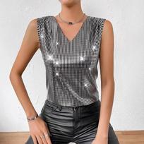 2026 Summer Women's Silver V-neck Plus Size Vest Sleeveless Slimming Plaid Top New Style 1XL sidabras
