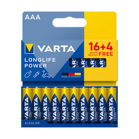 Akumuliatoriai ir baterijos // AA, AAA ir kitų dydžių baterijos, įkrovikliai – galima užsakyti // Bateria alkaiczna VARTA LR03 Longlife Power 16+4/blist.