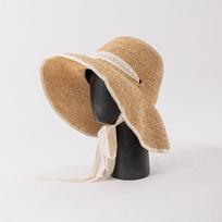 USPOP Foldable Raffia Straw Sun Hat for Women Wide Brim Hat with Lace Chin Strap Hand-Woven Summer Beach Hat 56-58cm