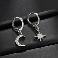 Personality Asymmetric Star and Moon Zircon Hoop Earrings Jewelry for Women AVE sidabras
