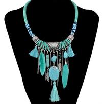Ethnic Vintage Boho Tassel Necklaces for Women Feather Beads Necklace Bohemian Party Jewelry Gift AVE žalia