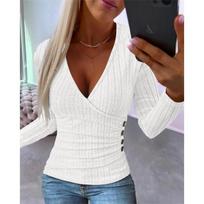 Fashion Pullover V-Neck Long Sleeve Women T-Shirt Buttons Slim Fit Knitted Elegant Casual Office Laides Tops Spring Autumn Solid Color Basic Shirts S balta