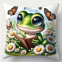 Frog Reading Book Among FlowersSuitable for sofa car bedroom decorative cushion cover pillow cover 16x16Inch
