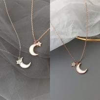 Women's S925 Silver Rose Mother-of-Pearl Star Moon Necklace Silver
