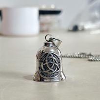 Viking Rune Motorcycle Bell with Freemason Cross and Angel Wings Pendant