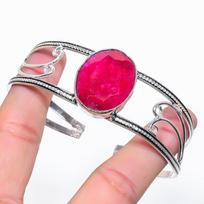 Ruby(Simulated) Gemstone 925 Sterling Silver Cuff Bangle Adjustable L2v05