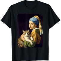 Girl With a Pearl Earring Holding Cat Art Parody T-Shirt S